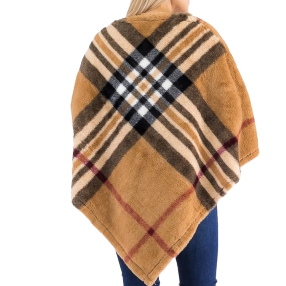 Tartan Plaid Tan Teddy Pullover Poncho OS - Picture 4 of 4